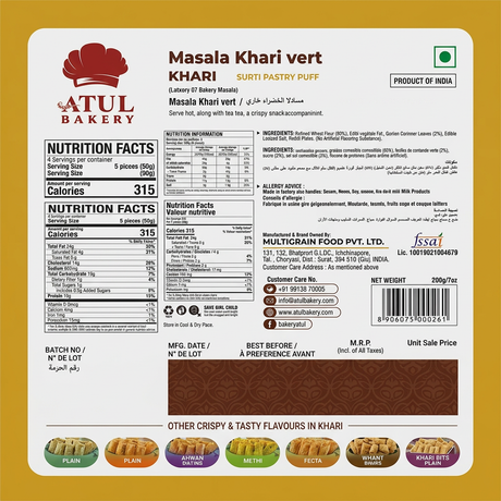 Atul Bakery Green Masala Khari by Atul Bakery Biscuits & Bakery — back view showing ingredients and product details, studio product photo on white background