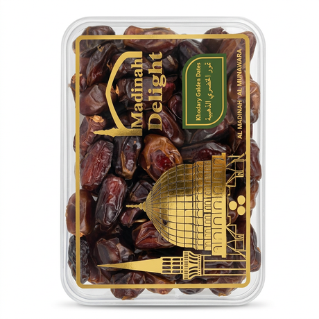 Madinah Delight Khodary Golden Dates by Madinah Delight Dry Fruits & Nuts — front view showing product label and branding, studio product photo on white background