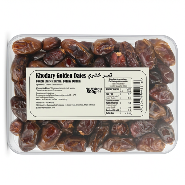 Madinah Delight Khodary Golden Dates by Madinah Delight Dry Fruits & Nuts — back view showing ingredients and product details, studio product photo on white background