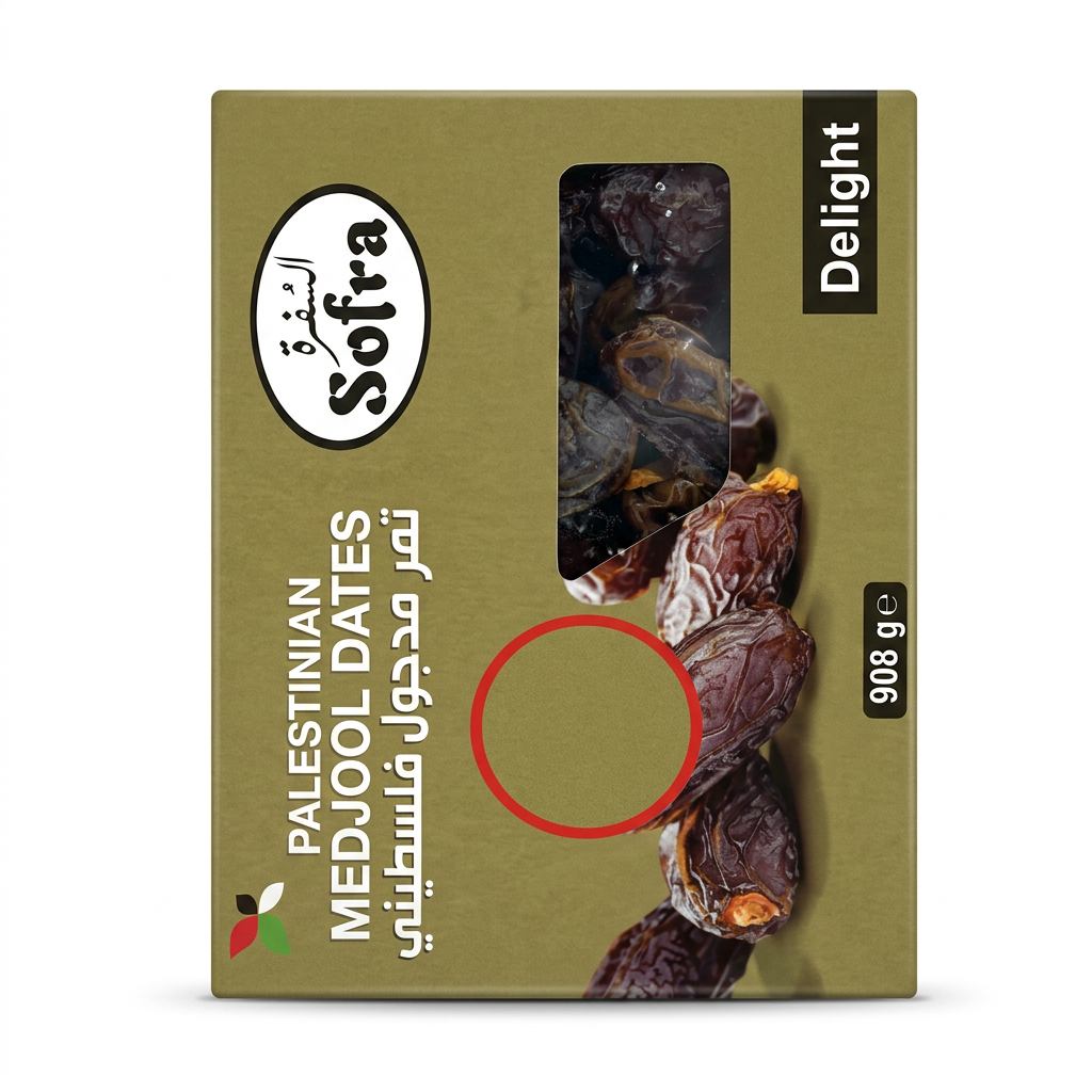 Sofra Palastinian Medjoul Dates by Sofra Dry Fruits & Nuts — front view showing product label and branding, studio product photo on white background