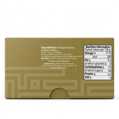 Sofra Palastinian Medjoul Dates by Sofra Dry Fruits & Nuts — back view showing ingredients and product details, studio product photo on white background