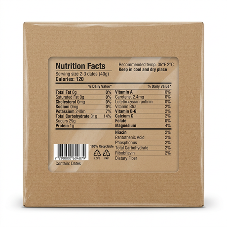 Natural Medjoul Dates by Natural Dry Fruits & Nuts — back view showing ingredients and product details, studio product photo on white background