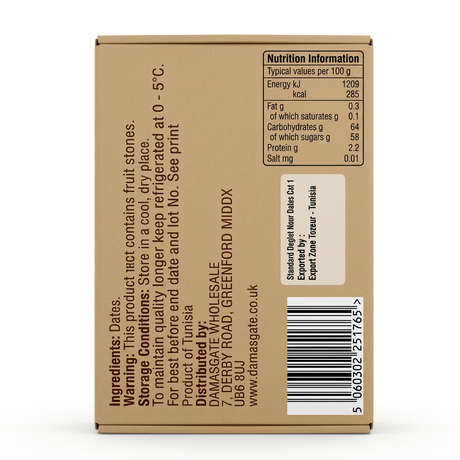 Sofra Tunisian Dates by Sofra Dry Fruits & Nuts — back view showing ingredients and product details, studio product photo on white background