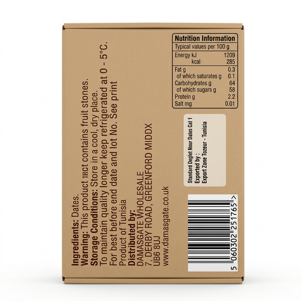 Sofra Tunisian Dates by Sofra Dry Fruits & Nuts — back view showing ingredients and product details, studio product photo on white background