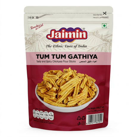 Jaimin Tum Tum Gathiya by Jaimin Indian Snacks — front view showing product label and branding, studio product photo on white background