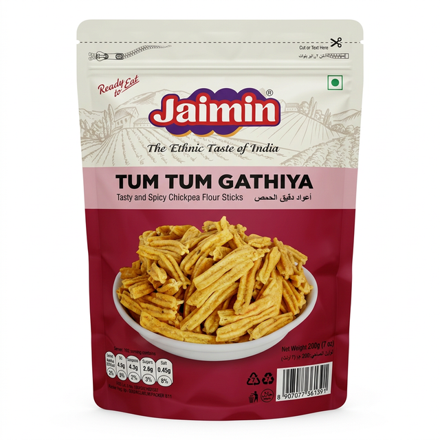 Jaimin Tum Tum Gathiya by Jaimin Indian Snacks — front view showing product label and branding, studio product photo on white background