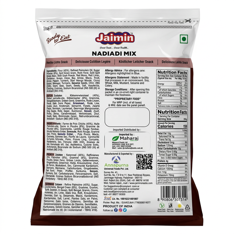 Jaimin Nadyadi Mix 200g Bread Toast with Cumin Seeds by Jaimin Food & Beverage > Pantry > Bread & Baked Goods > Rusks & Biscotti — back view showing ingredients and product details, studio product photo on white background