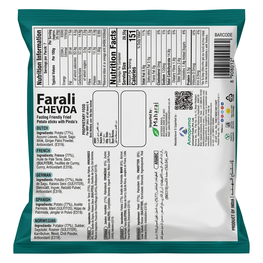 Jaimin Farari Chevda by Jaimin Indian Snacks — back view showing ingredients and product details, studio product photo on white background