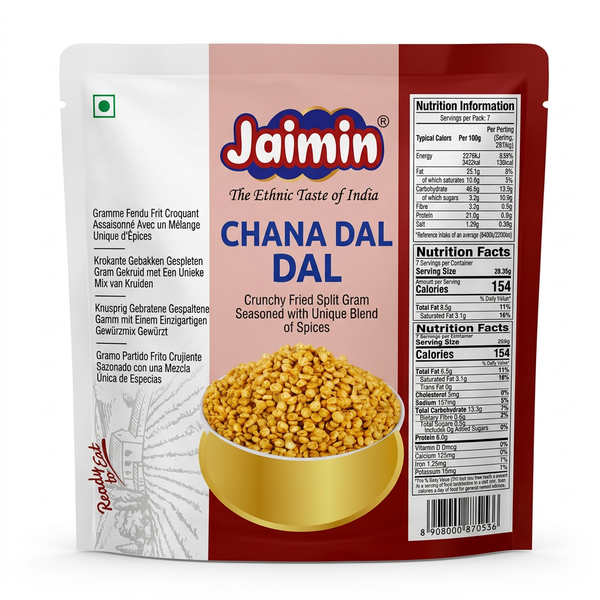 Jaimin Snack Chana Dal by Jaimin Indian Snacks — front view showing product label and branding, studio product photo on white background