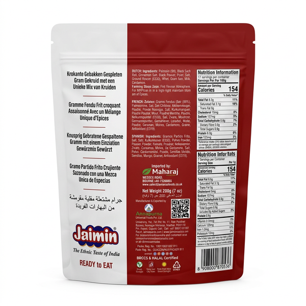 Jaimin Snack Chana Dal by Jaimin Indian Snacks — back view showing ingredients and product details, studio product photo on white background