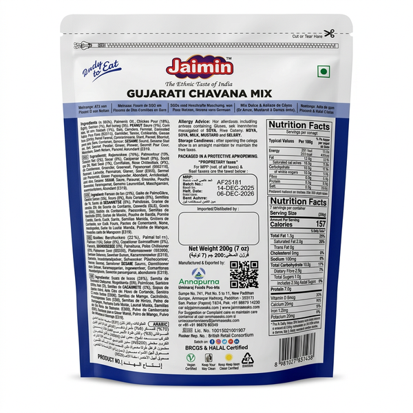 Jaimin Gujarati Chavana by Jaimin Indian Snacks — back view showing ingredients and product details, studio product photo on white background