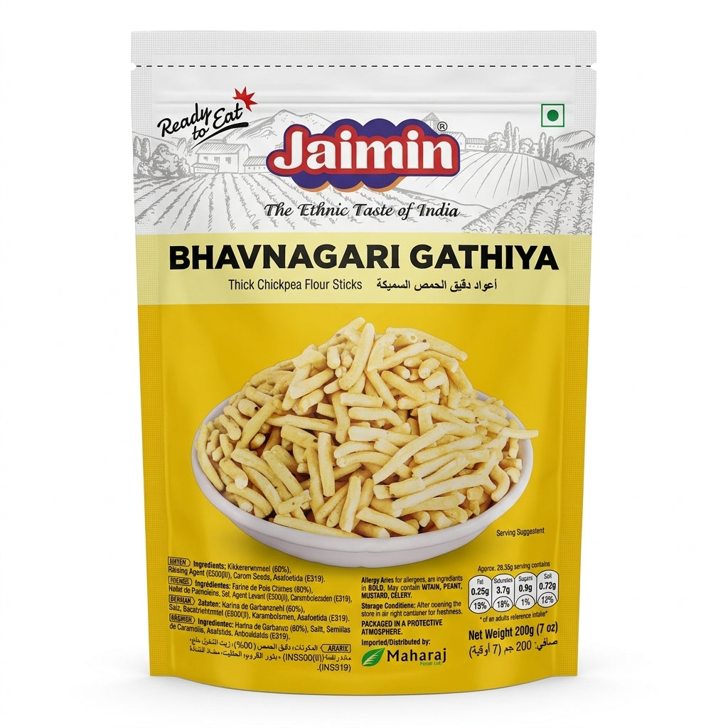 Jaimin Bhavnagari Gathiya by Jaimin Indian Snacks — front view showing product label and branding, studio product photo on white background