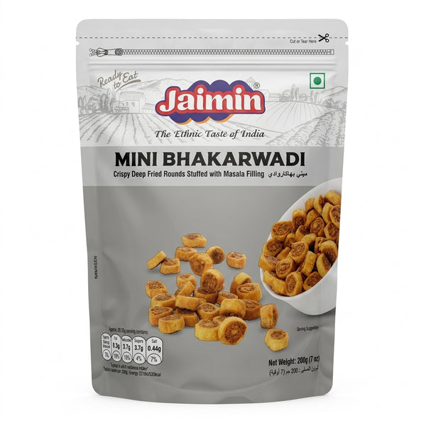 Jaimin Mini Bhakarwadi by Jaimin Indian Snacks — front view showing product label and branding, studio product photo on white background