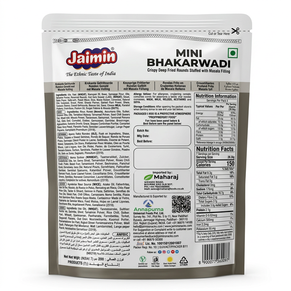 Jaimin Mini Bhakarwadi by Jaimin Indian Snacks — back view showing ingredients and product details, studio product photo on white background
