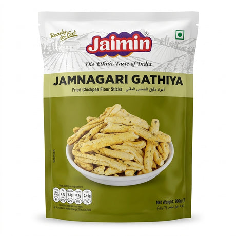 Jaimin Jamnagari Gathiya by Jaimin Indian Snacks — front view showing product label and branding, studio product photo on white background