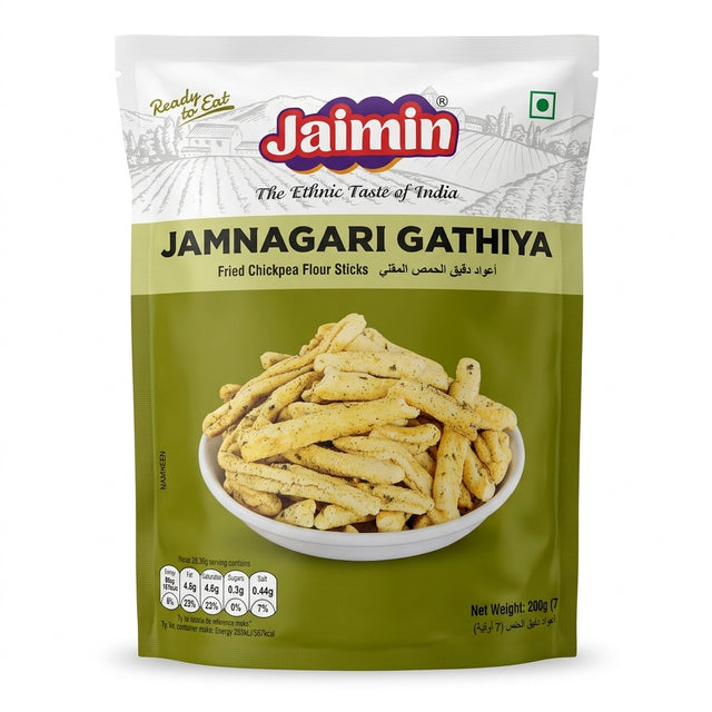 Jaimin Jamnagari Gathiya by Jaimin Indian Snacks — front view showing product label and branding, studio product photo on white background