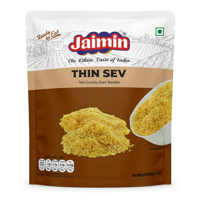 Jaimin Thin Sev by Jaimin Indian Snacks — front view showing product label and branding, studio product photo on white background