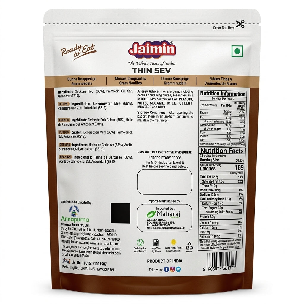 Jaimin Thin Sev by Jaimin Indian Snacks — back view showing ingredients and product details, studio product photo on white background