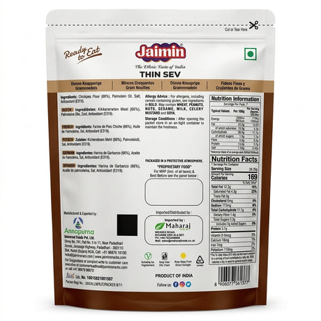 Jaimin Thin Sev by Jaimin Indian Snacks — back view showing ingredients and product details, studio product photo on white background