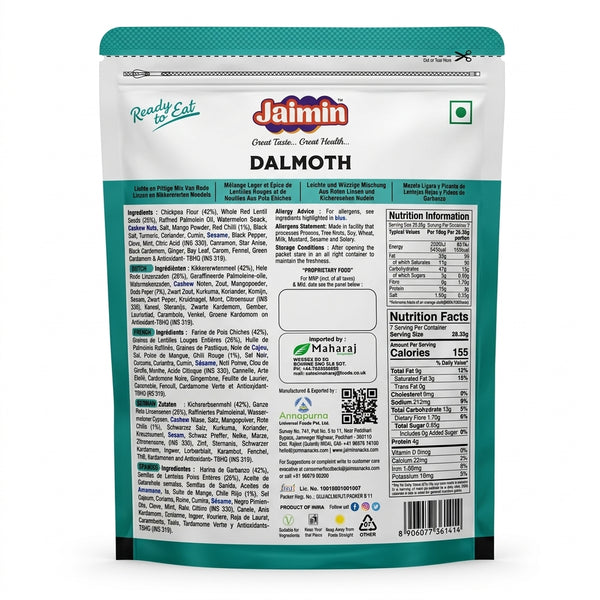 Jaimin Dal Moth by Jaimin Indian Snacks — back view showing ingredients and product details, studio product photo on white background