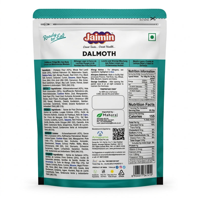 Jaimin Dal Moth by Jaimin Indian Snacks — back view showing ingredients and product details, studio product photo on white background