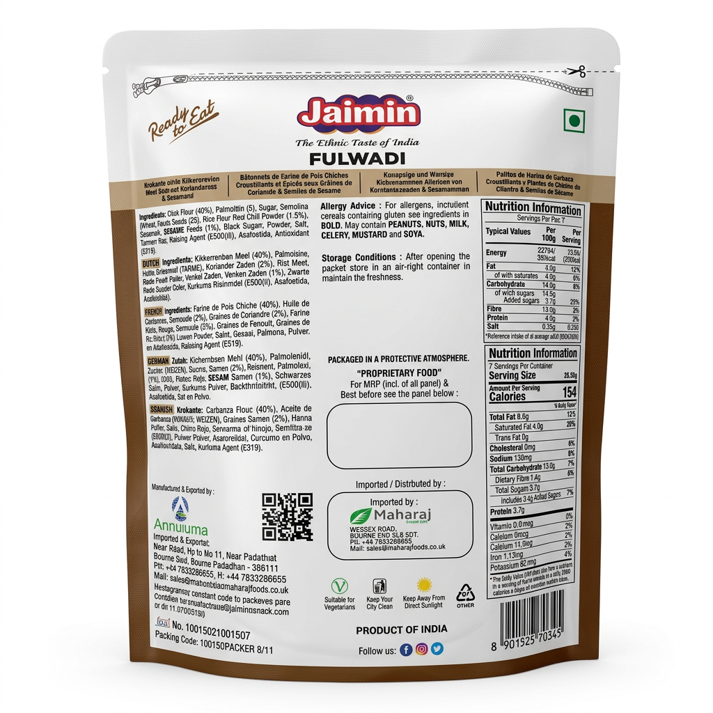 Jaimin Fulwadi by Jaimin Indian Snacks — back view showing ingredients and product details, studio product photo on white background