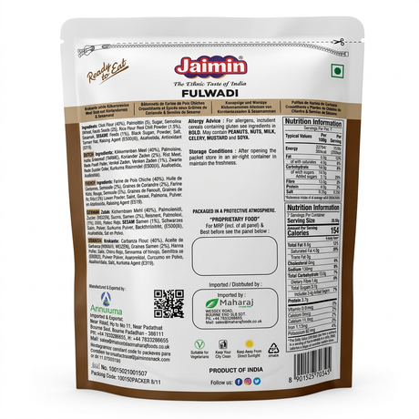 Jaimin Fulwadi by Jaimin Indian Snacks — back view showing ingredients and product details, studio product photo on white background