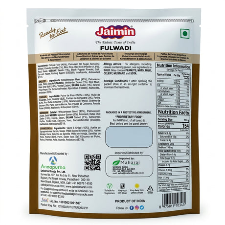 Jaimin Fulwadi by Jaimin Indian Snacks — back view showing ingredients and product details, studio product photo on white background
