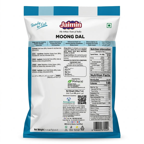 Jaimin Snack Moong Dal by Jaimin Indian Snacks — back view showing ingredients and product details, studio product photo on white background