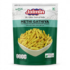 Jaimin Methi Gathiya by Jaimin Indian Snacks — front view showing product label and branding, studio product photo on white background