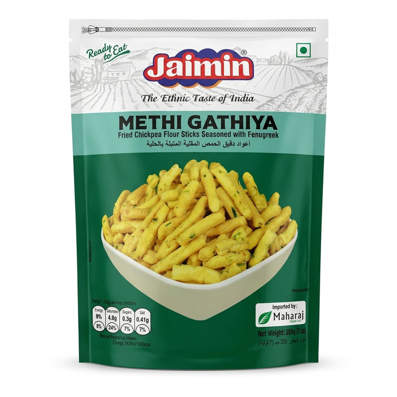 Jaimin Methi Gathiya by Jaimin Indian Snacks — front view showing product label and branding, studio product photo on white background