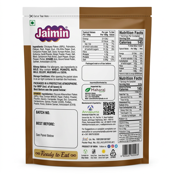 Jaimin Chana Jor Garam by Jaimin Indian Snacks — back view showing ingredients and product details, studio product photo on white background