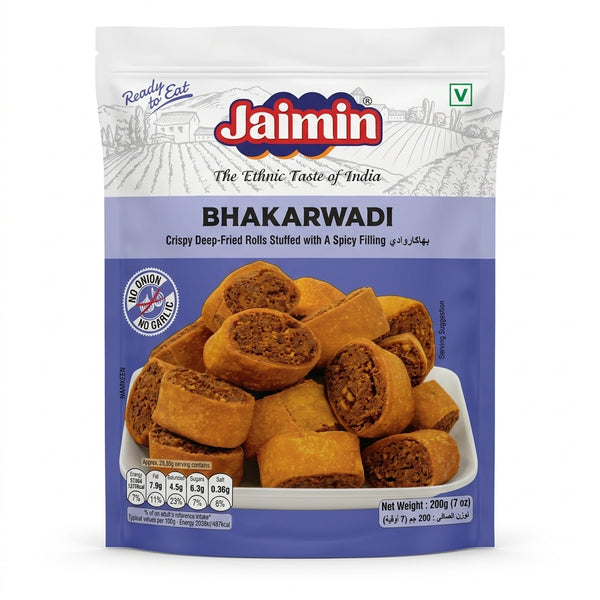 Jaimin Bhakarwadi by Jaimin Indian Snacks — front view showing product label and branding, studio product photo on white background