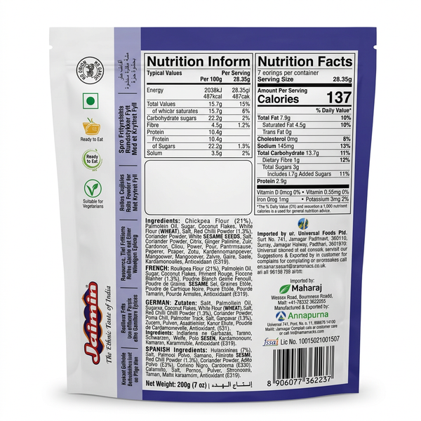 Jaimin Bhakarwadi by Jaimin Indian Snacks — back view showing ingredients and product details, studio product photo on white background