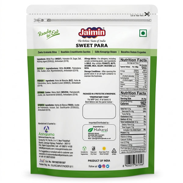 Jaimin Sweetpara by Jaimin Indian Snacks — back view showing ingredients and product details, studio product photo on white background