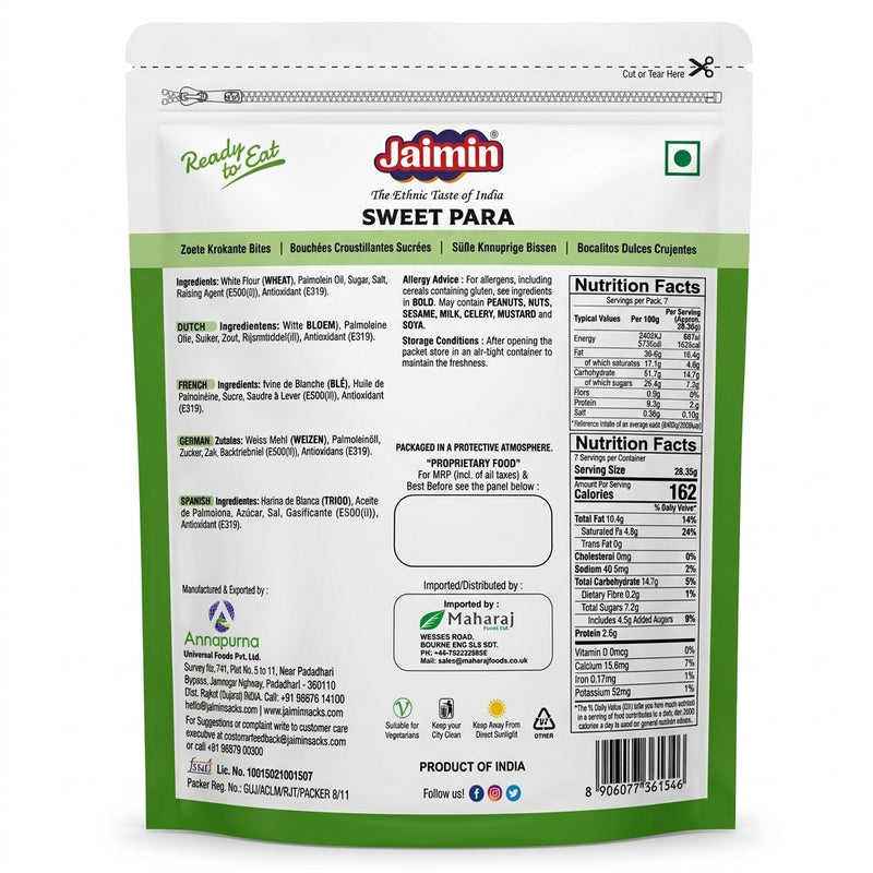 Jaimin Sweetpara by Jaimin Indian Snacks — back view showing ingredients and product details, studio product photo on white background