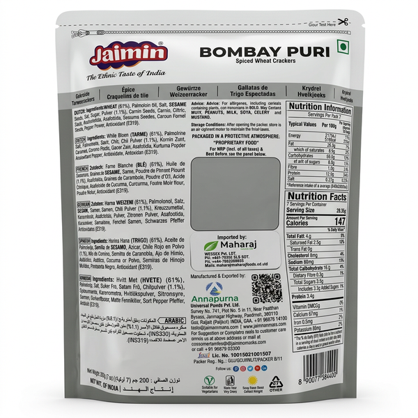 Jaimin Bombay Puri by Jaimin Indian Snacks — back view showing ingredients and product details, studio product photo on white background
