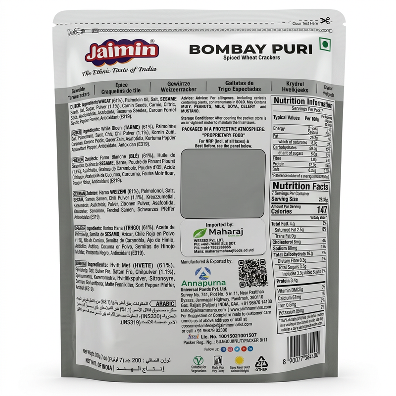 Jaimin Bombay Puri by Jaimin Indian Snacks — back view showing ingredients and product details, studio product photo on white background