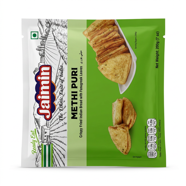 Jaimin Methi Puri by Jaimin Indian Snacks — front view showing product label and branding, studio product photo on white background