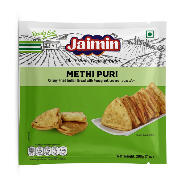 Jaimin Methi Puri by Jaimin Indian Snacks — front view showing product label and branding, studio product photo on white background