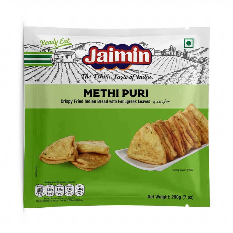 Jaimin Methi Puri by Jaimin Indian Snacks — front view showing product label and branding, studio product photo on white background