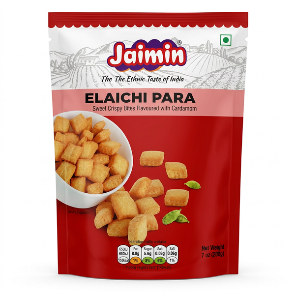 Jaimin Elaichi Para by Jaimin Indian Snacks — front view showing product label and branding, studio product photo on white background