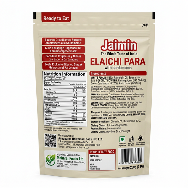 Jaimin Elaichi Para by Jaimin Indian Snacks — back view showing ingredients and product details, studio product photo on white background