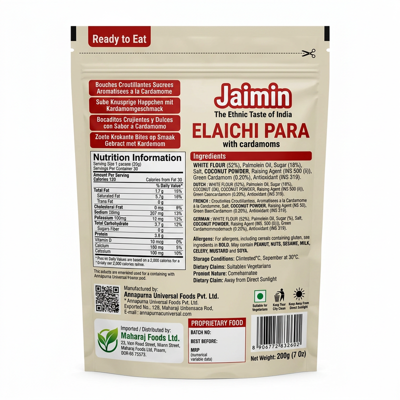 Jaimin Elaichi Para by Jaimin Indian Snacks — back view showing ingredients and product details, studio product photo on white background