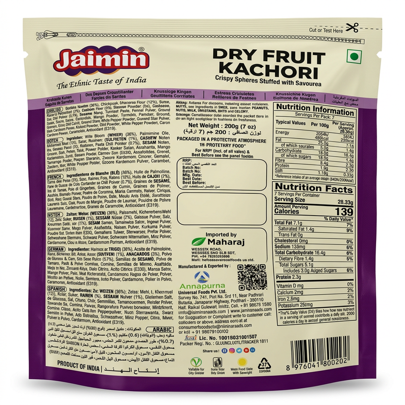 Jaimin Dry Fruit Kachori by Jaimin Indian Snacks — back view showing ingredients and product details, studio product photo on white background