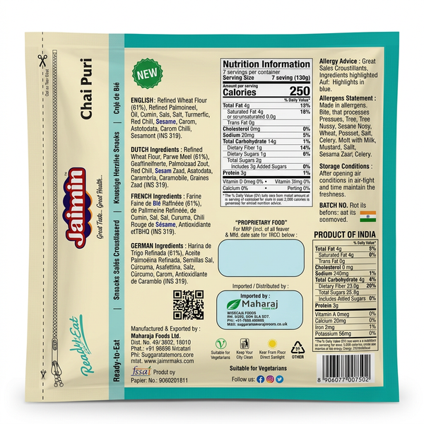 Jaimin Chai Puri by Jaimin Indian Snacks — back view showing ingredients and product details, studio product photo on white background