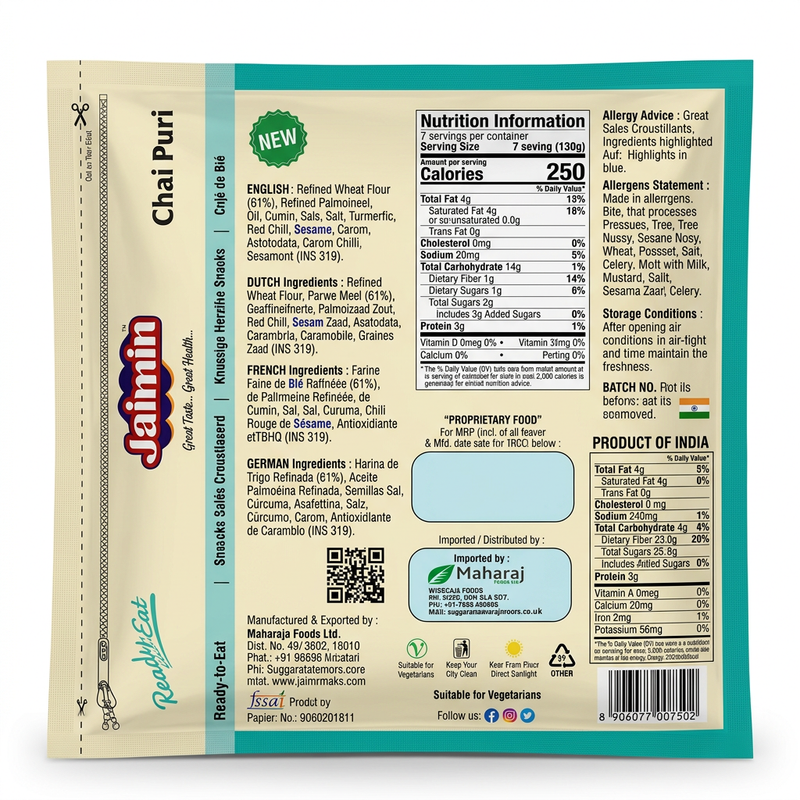 Jaimin Chai Puri by Jaimin Indian Snacks — back view showing ingredients and product details, studio product photo on white background