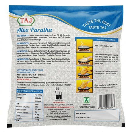 Taj Frozen Aloo Paratha by Taj Frozen — back view showing ingredients and product details, studio product photo on white background