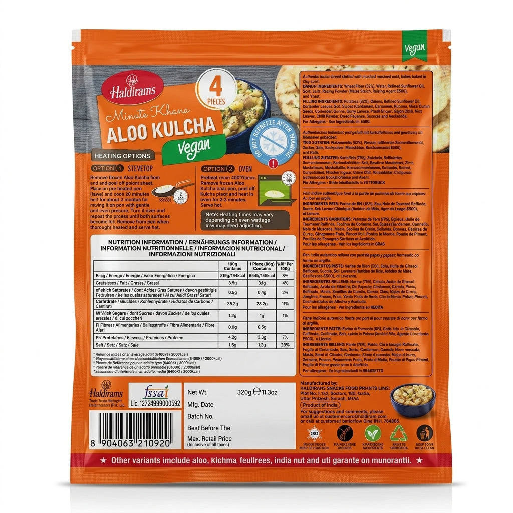 Haldirams Frozen Aloo Kulcha by Haldirams Frozen — back view showing ingredients and product details, studio product photo on white background