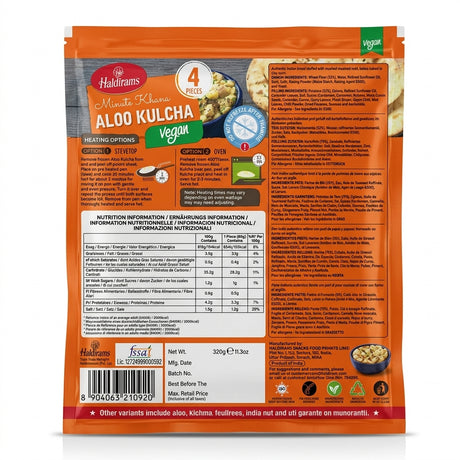 Haldirams Frozen Aloo Kulcha by Haldirams Frozen — back view showing ingredients and product details, studio product photo on white background